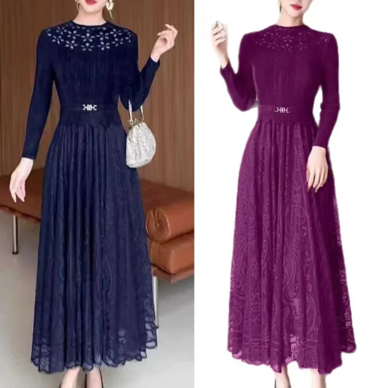 

Плиссированные платья Miyake, осеннее новое золотое бархатное платье больших размеров, элегантное тонкое женское платье с прессованной морщинистой длинной юбкой