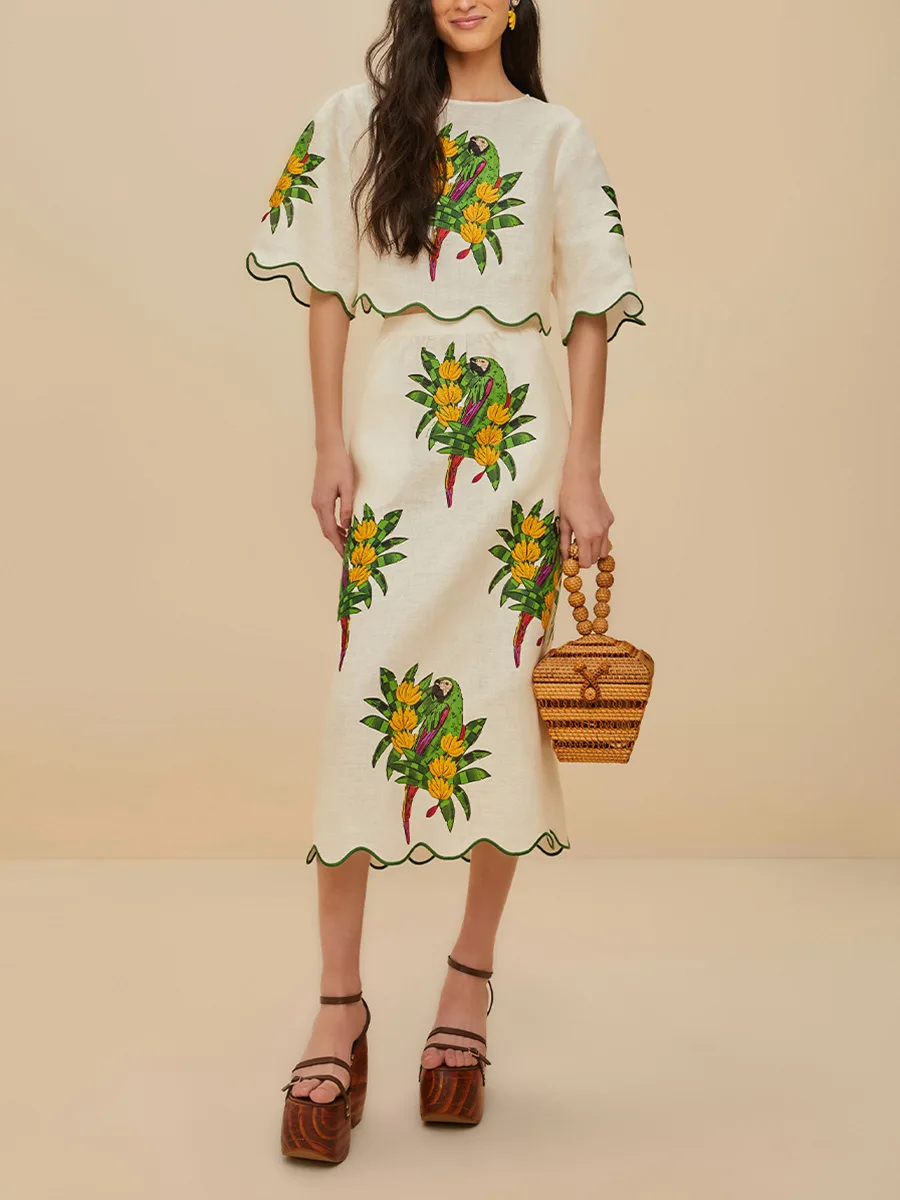 Floral Print Casual Resort Style Suit 2025 Wave Edge Short Tops + Women's Summer Temperament Printed Skirt Two Pieces Set