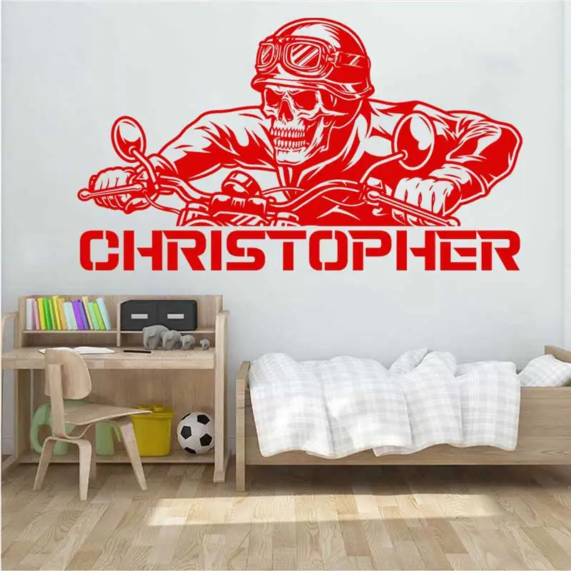 Motorcycle Rider Personalized Name Vinyl Wall Sticker Motocross Bike Lover Skull Personality Decal Kids Room Decor Sticker Gift