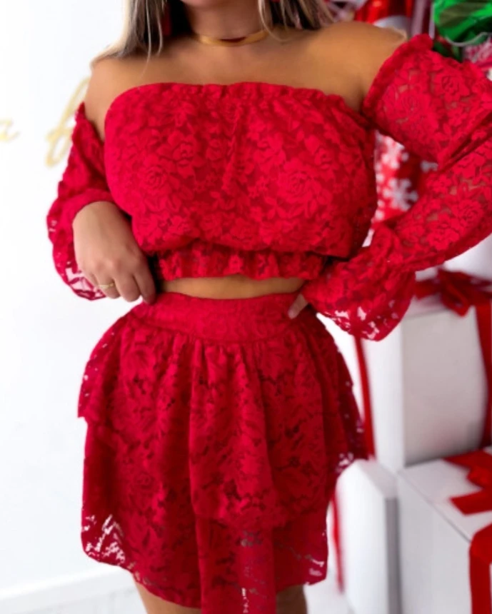 Women Two Pieces Contrast Lace Off the Shoulder Long Sleeve Bubble Crop Top and Strechy Waist Layered Ruffled Mini Skirt Set