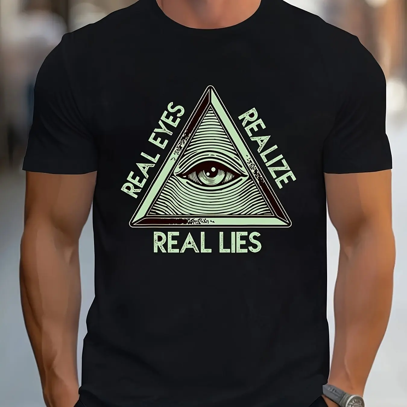 

Men's Eye And Triangle Pattern And Letter Print REALEYES REALZE REALLIES T-shirt
