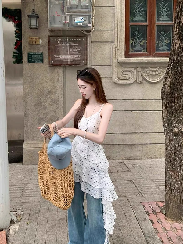 Summer Vacation Style White Polka Dot Asymmetrical Design Slimming Large Size Women's Strap Top Elegant Atmosphere Casual Wear