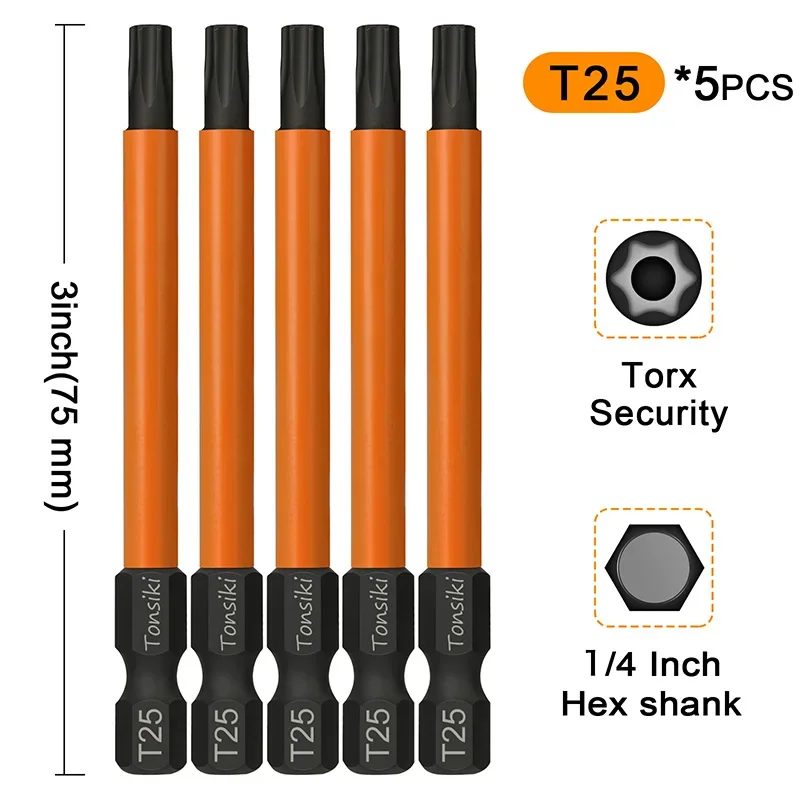 5 sztuk T20 T25 bitów wkrętak Torx 1/4 Cal uchwyt sześciokątny Magentic Torx zestaw części głowica wiertła 75mm Torx