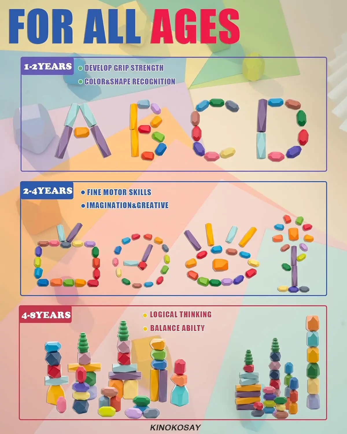 38 PCS Wooden Sorting Stacking Stones Rock Colorful Montessori Balancing Blocks Educational Learning Sensory STEM Toy for Kids 3