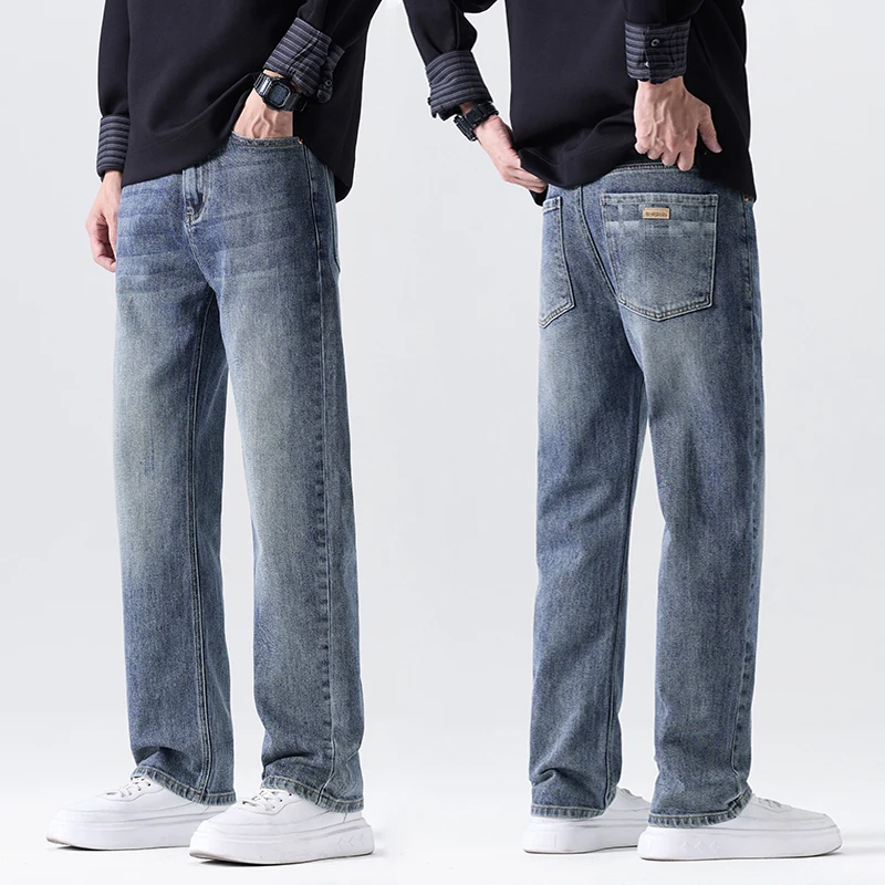 

Мужские повседневные джинсы, винтажные синие классические свободные брюки, молодежные модные прямые удобные брендовые джинсовые брюки, мужская уличная одежда