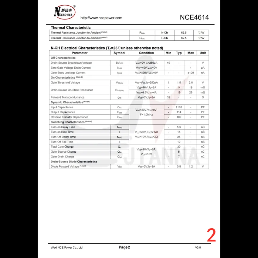 NCE4614 SOP-8 40V/8A N+P channel MOS FET can be packed in multiple specifications