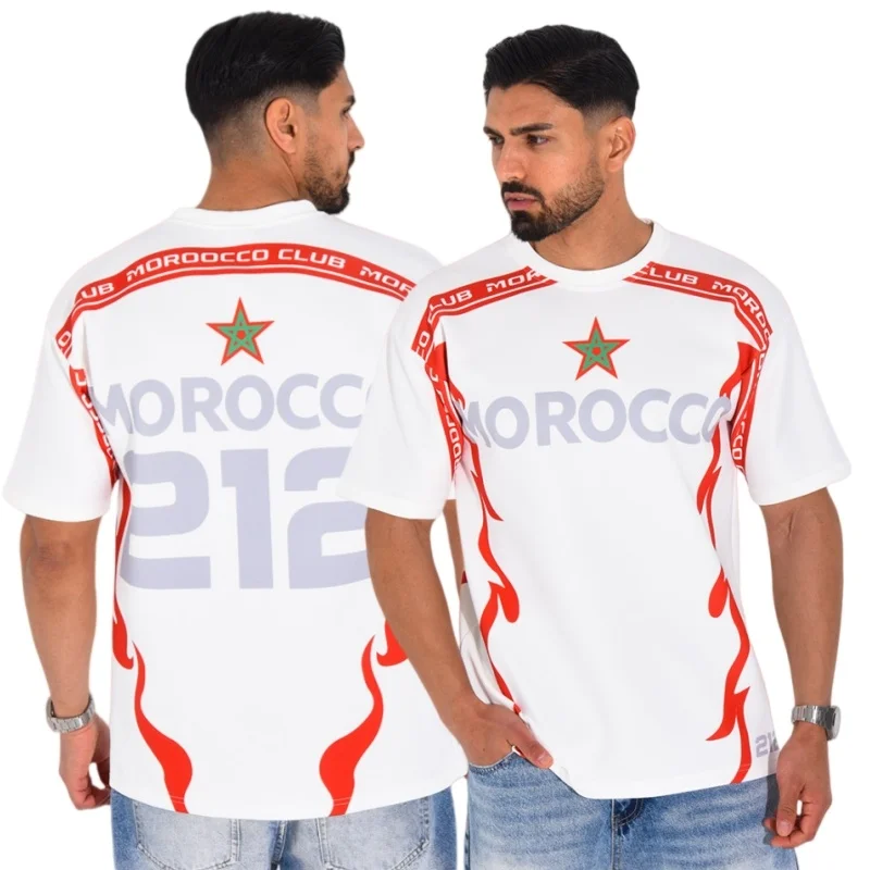 New Morocco National Fan Oversized T‑Shirt Short Sleeve 212 Code Red Flame Star Print Sports Tee for Men Women Family Kids Tees