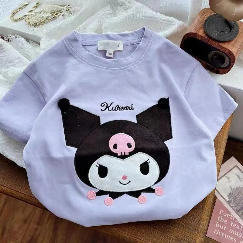 Nowy Kuromi moja melodia Cinnamoroll Sanrios dzieci lato z krótkim rękawem Anime Kawaii Cartoon dziewczyny chłopcy bawełniane t-shirty topy prezent