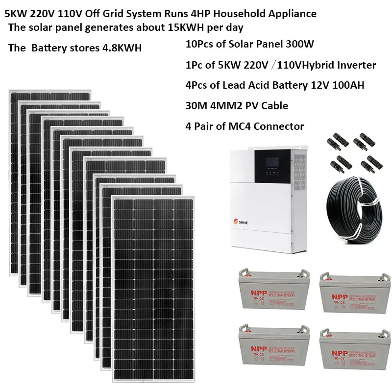 

Solar Panel Kit Complete 5000W 220V 110V Split Phrase Hybrid Inverter MPPT Pure Sine Wave Off Grid System 4HP Air Conditoner