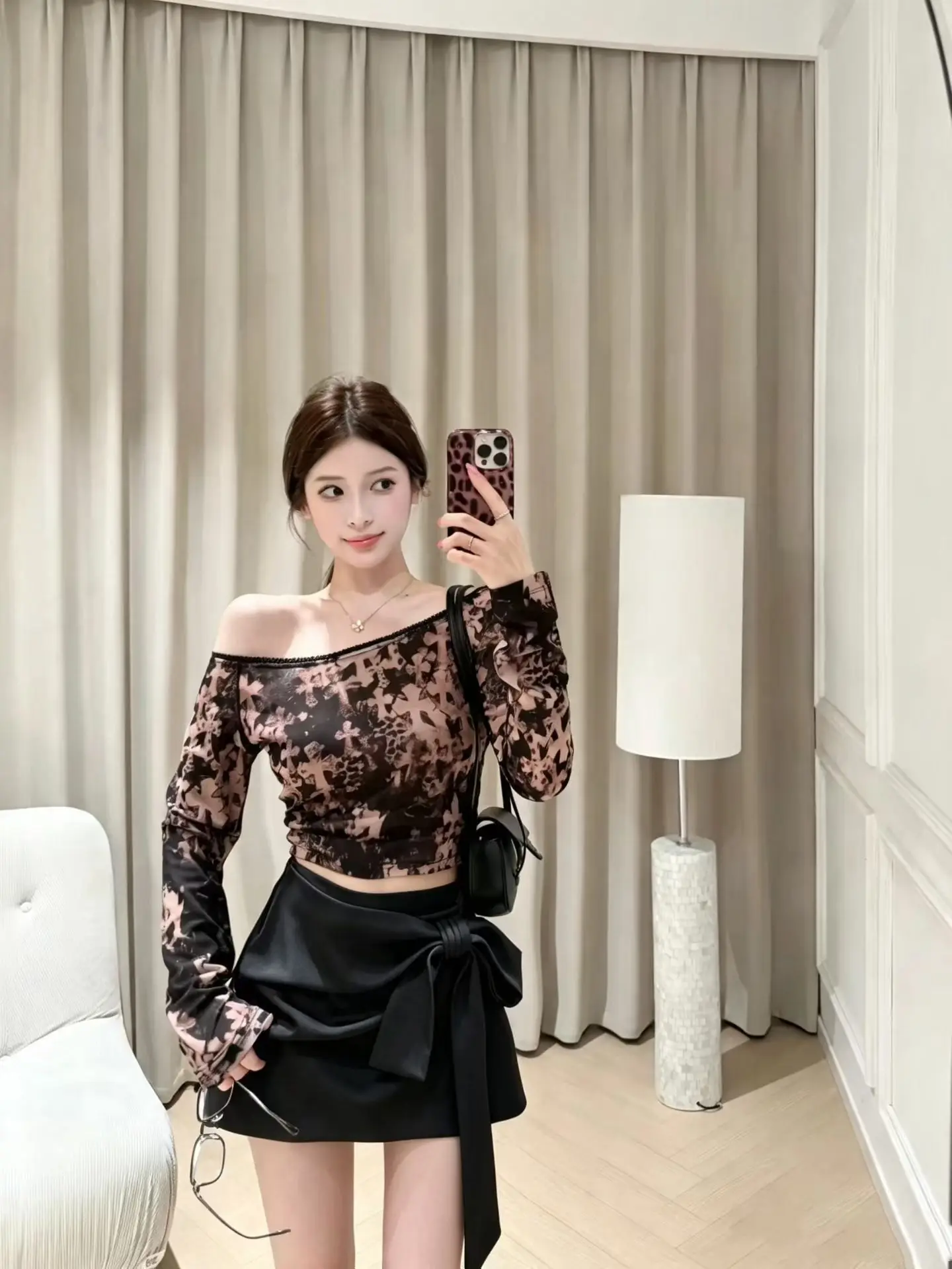 Retro Cross Gradient Print One Shoulder Long Sleeve Women's Lace Shirt Micro Transparent Geometric Pattern Clinging Style