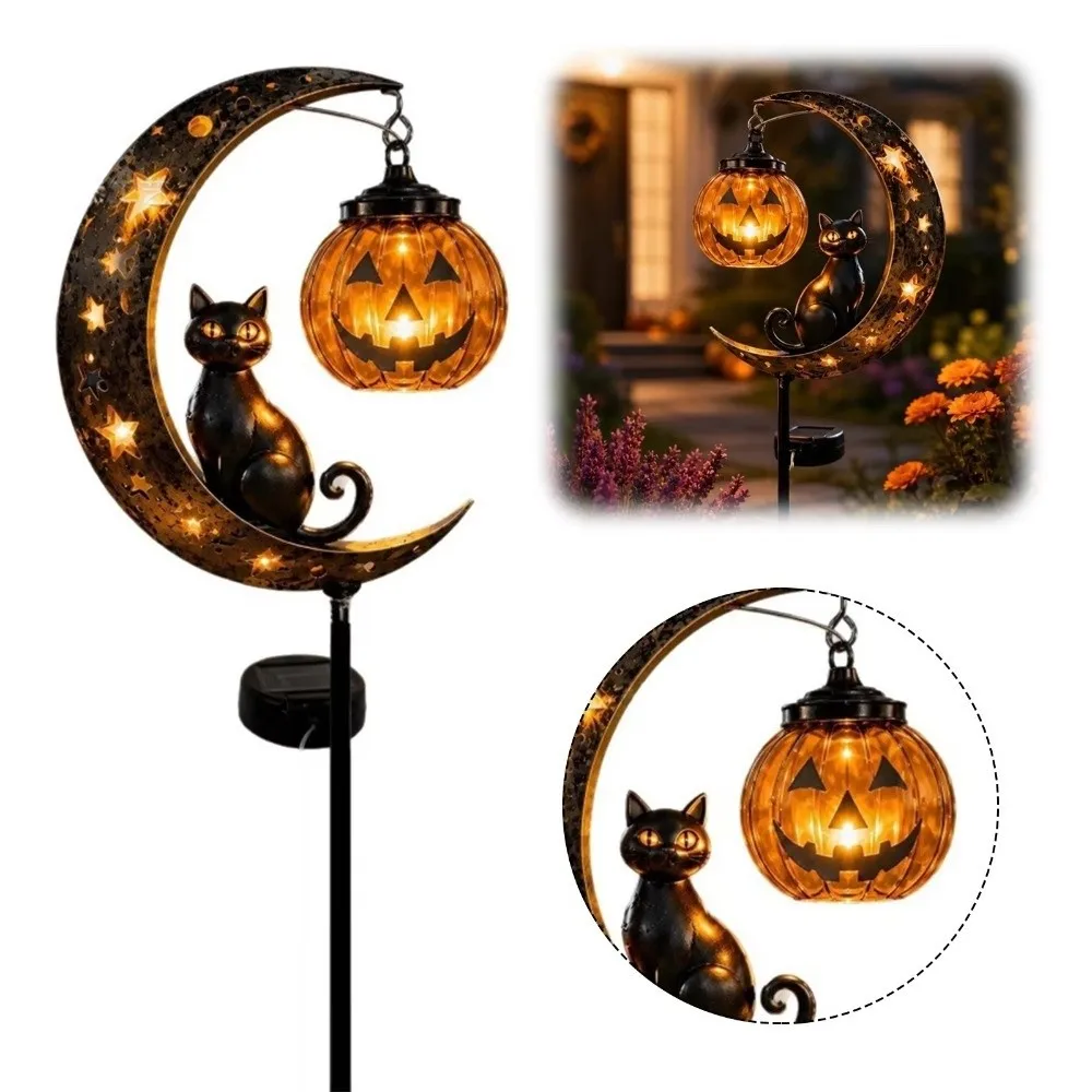 Creative Metal Black Cat Moon Ground Lamp Waterproof Solar-Powered Pumpkin Moon Yard Lantern Garden Stake Light Outdoor