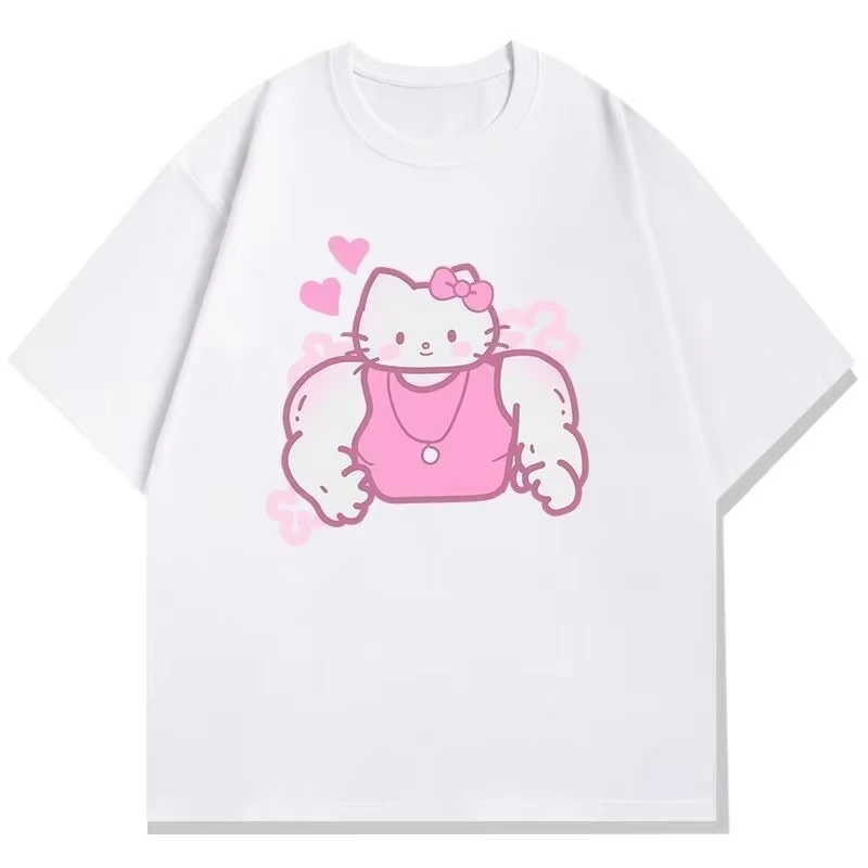 

MINISO Muscle Hello Kitty T-shirt Summer Men's and Women's Plus Size Loose Casual Trend Versatile Short-sleeved Top