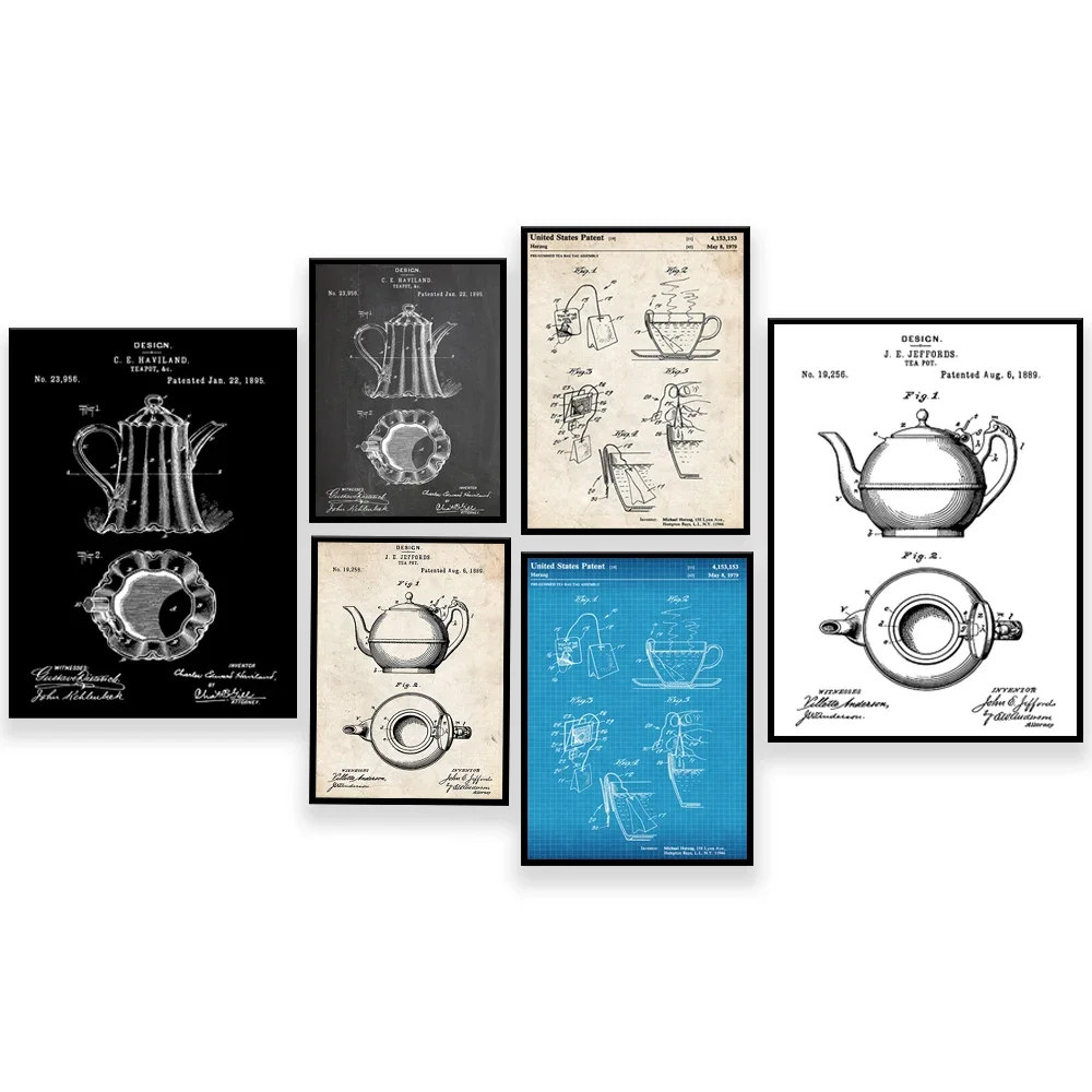 Tea Bag 1979, Teapot 1889 Patent Printed, Kitchen Decor Wall Art Poster Blueprint Gift