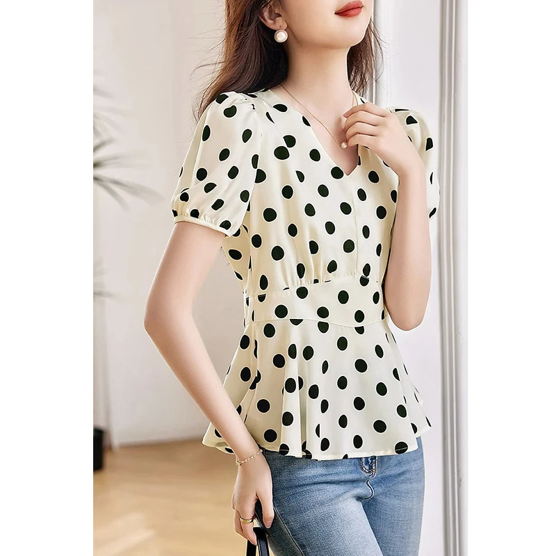 

Ele Polka Dot Print V-Ne ort Sve Chiffon irt Women's Commute Top Slimming Waist Design Summer Faionable