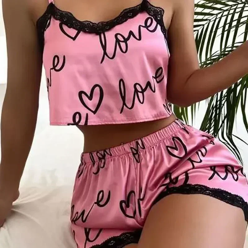 Women's Sleepwear Pajama Sets Sexy Lingerie Lace Love Printed Crop Tops and Shorts Pijamas Set Loungewear