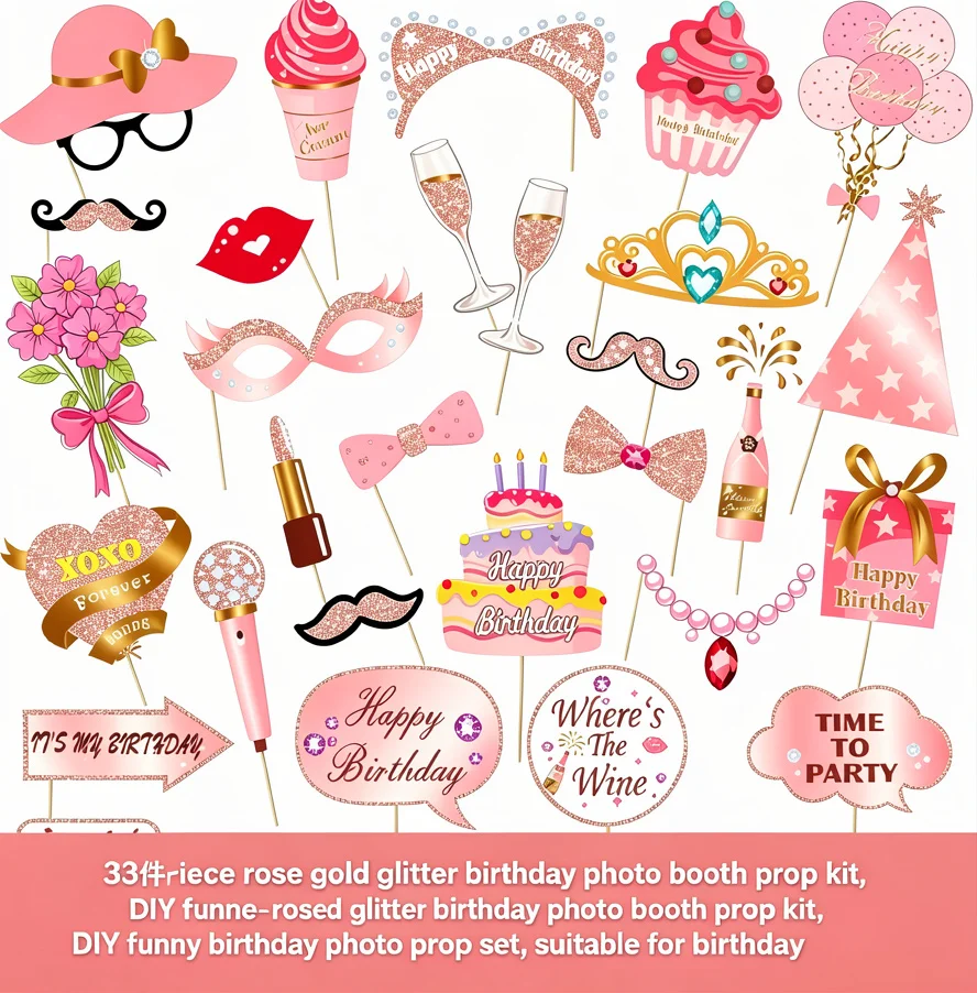 33Pcs Rose Gold Glitter Birthday Photo Booth Props Kit, Funny DIY Selfie Props for Women Party Decor