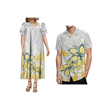 어버이 데이 스퀘어 칼라 퍼프 슬리브, 마이크로 원피스 맞춤형 스트레치, 마이크로 무무 폴리네시안 화이트 플러스 사이즈, 여성용 천 