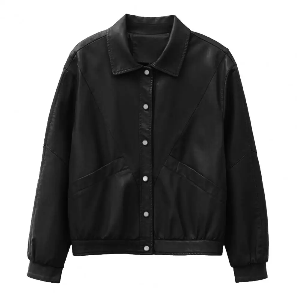 Veste en similicuir pour femme avec col rabattu, manteau de moto rétro pour le bureau, simple boutonnage, design