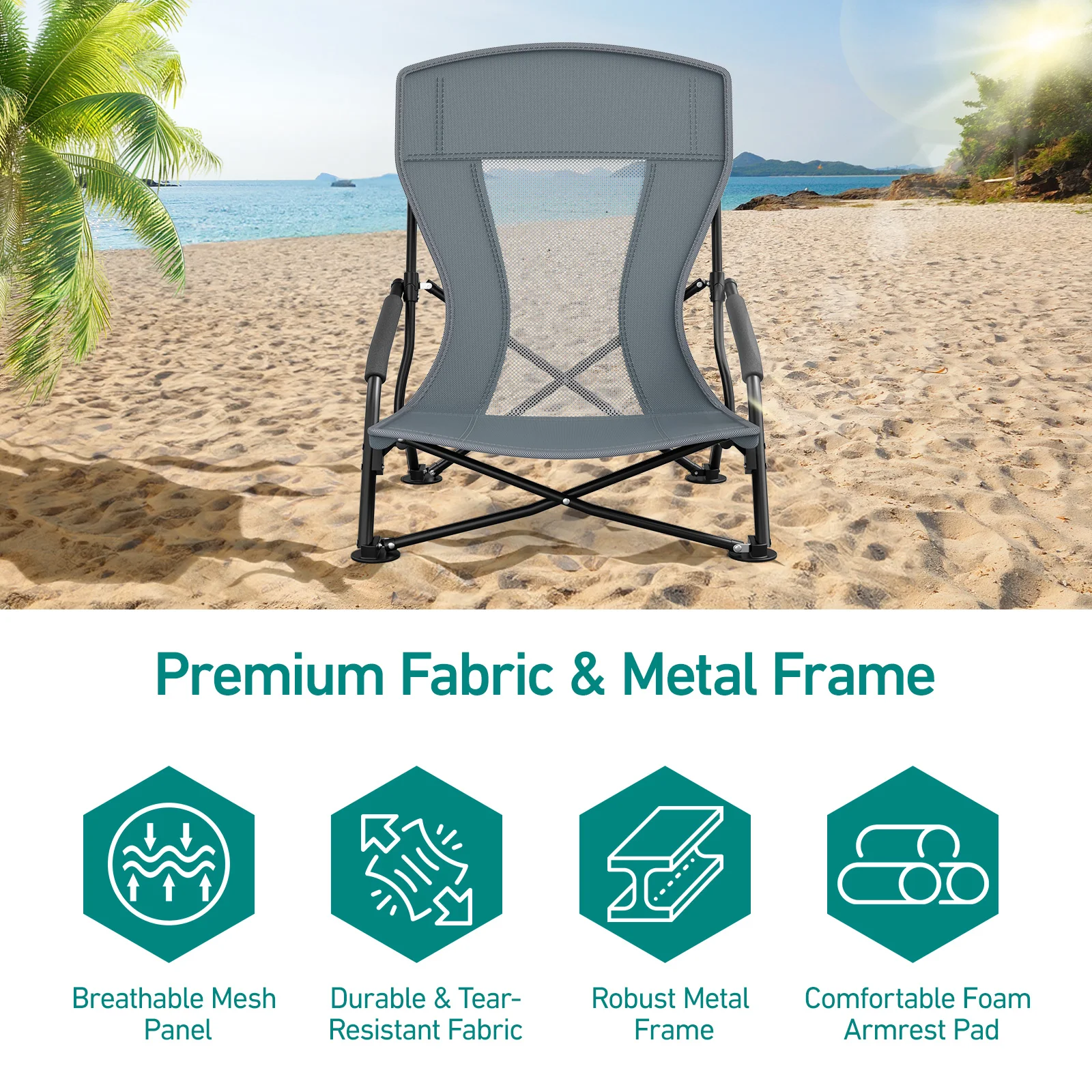 Chaise de plage pliable portable à profil bas, en tissu Oxford 600D, dossier en maille respirante, structure en acier, capacité de charge de 100 kg, pour camping, pêche, pique-nique, barbecue, loisirs en plein air, avec sac de transport
