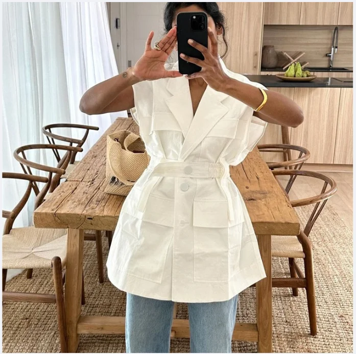 

Fashion Loose White Cotton Women's Shirt 2025 Elegant Lapel Sleeveless Shirts Casual Classic Solid Top Female Clothing