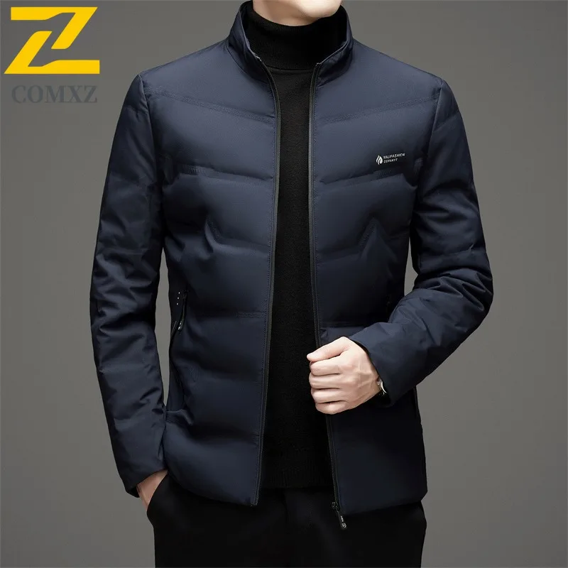 COMXZ Men Puffer Jacket Classic Stand Collar Commuting Office Warm Parka Versatile Urban Style Windproof Autumn Winter Garment
