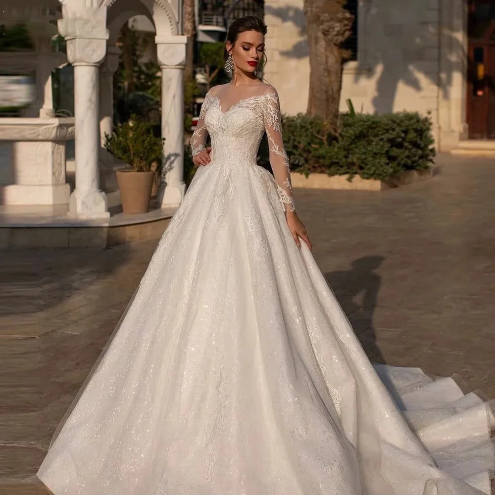 Onelife personalizzato elegante O collo illusione manica lunga abiti da sposa abito da sposa applique in pizzo abito da sposa principessa Vestido