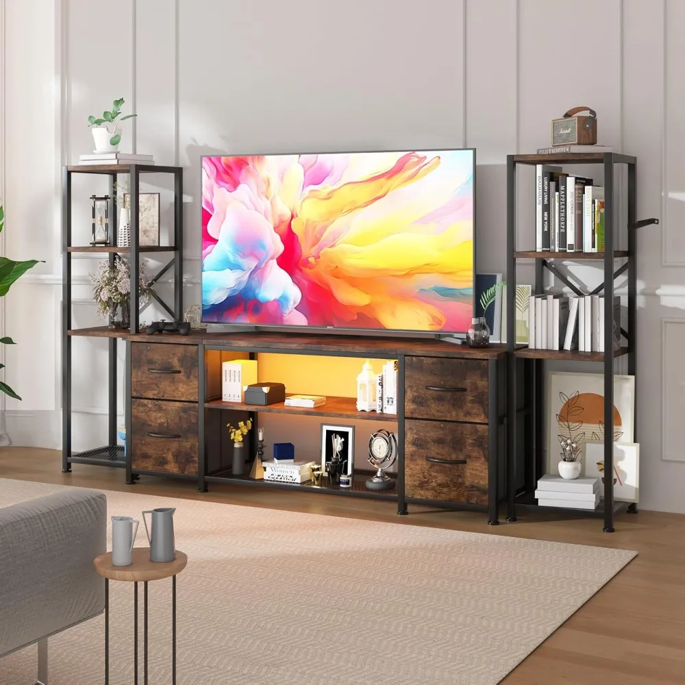 حامل تلفزيون LED حديث مقاس 60 بوصة لغرفة المعيشة مع محطة شحن وأرفف كتب على الطراز الصناعي