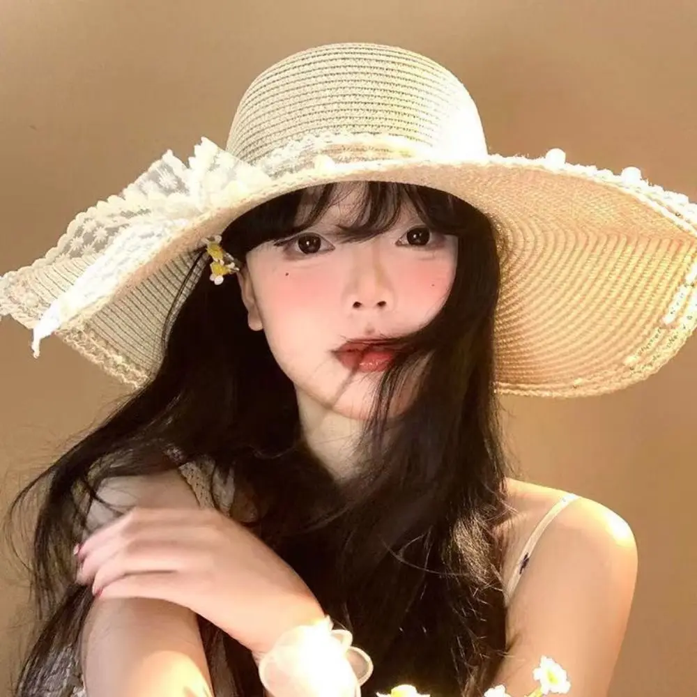 Fashion Big Brim Beach Hat Multicolor Lace Bow Straw Hat Lightweight Sun-shade Oversize Hat Summer