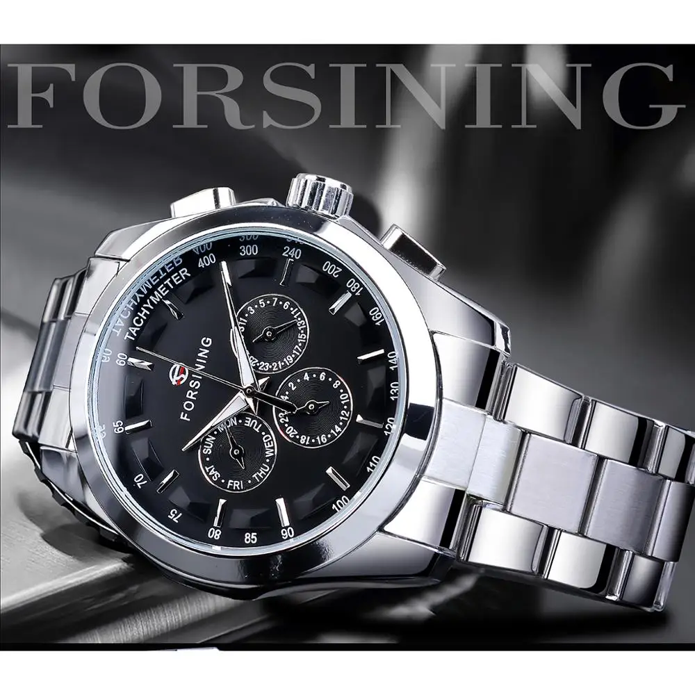 Forsining Top Brand Style Automatic Full Stainless Steelwatch Men Mechanical Business Wristwatch With Calendar Luminou Pointers