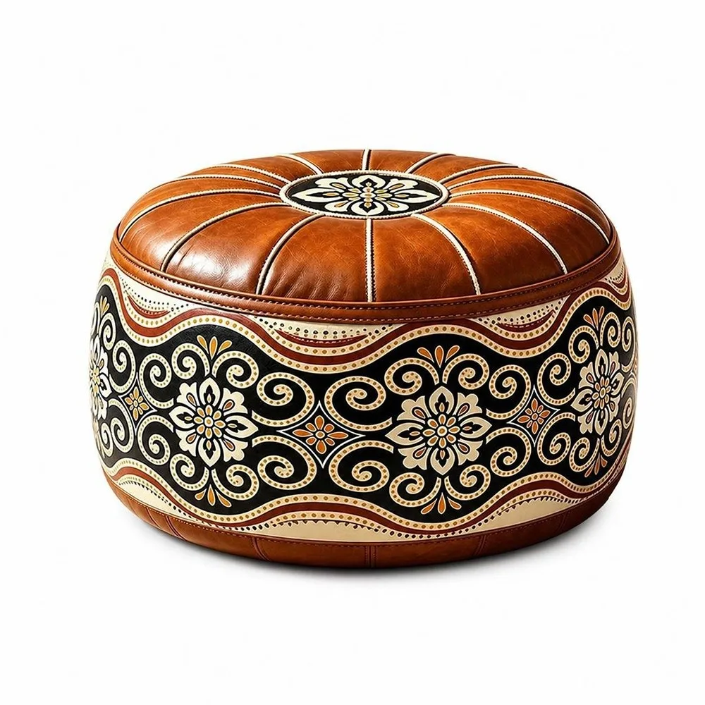 New PU Leather Fillable Ottoman Pouf Embroidered Pattern Round Shape Storage Ottoman Moroccan Style Floor Seat Cushion Home Use