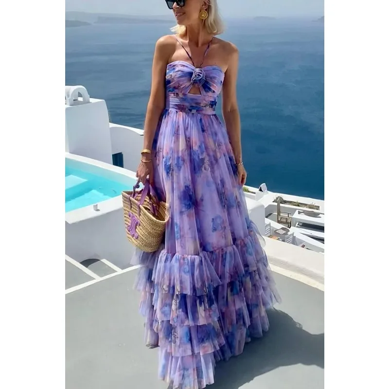 Sexy Women 3D Floral Tiered Ruffle Maxi Dress Halter Off Shoulder Corset Guest Cocktail Vacation Beach Dress Celebrity Boho Gown
