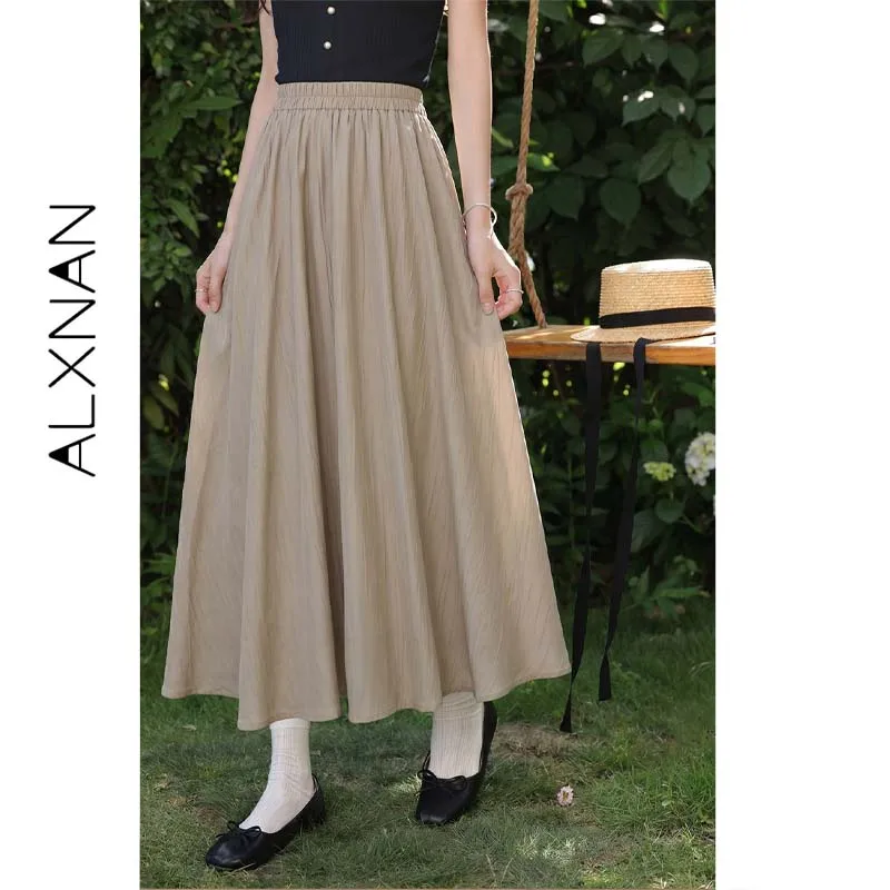 ALXNAN Women's High Waist Skirt Summer New  Khaki Lazy Relaxed Loose-fit Elegant Casual Midi Skirt Female Clothing L53812-2