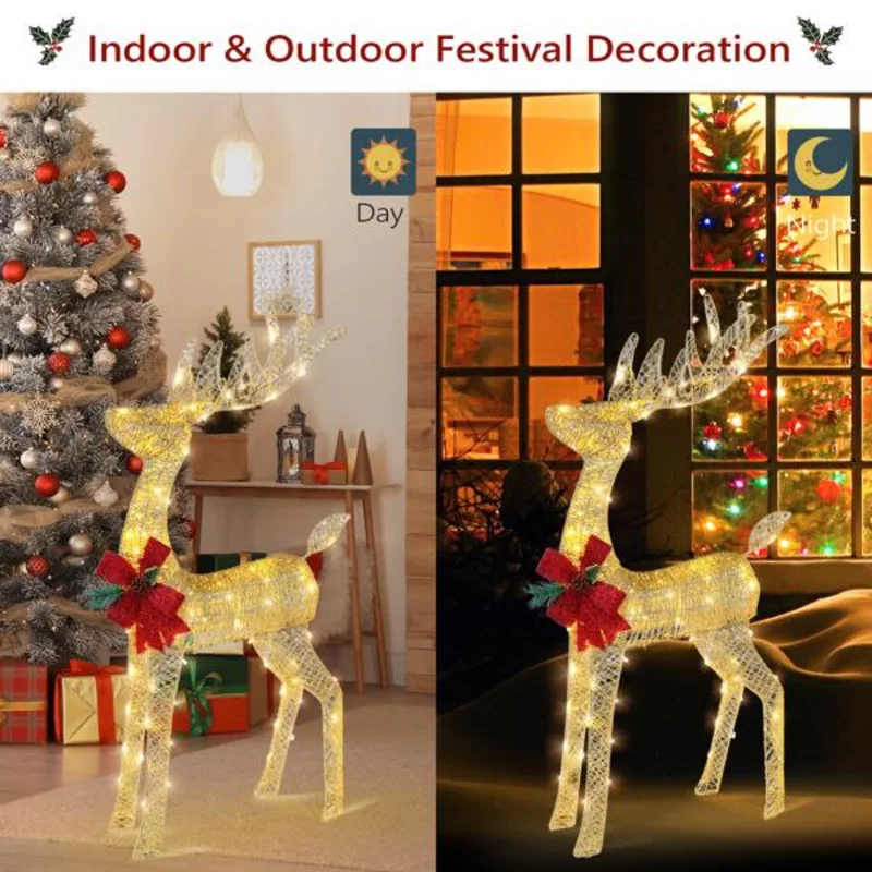 Golden 4ft Reindeer Outdoor Christmas Decoration  Decorative Art Piece With Ribbon Knots For Garden Holiday Lawn Gardens