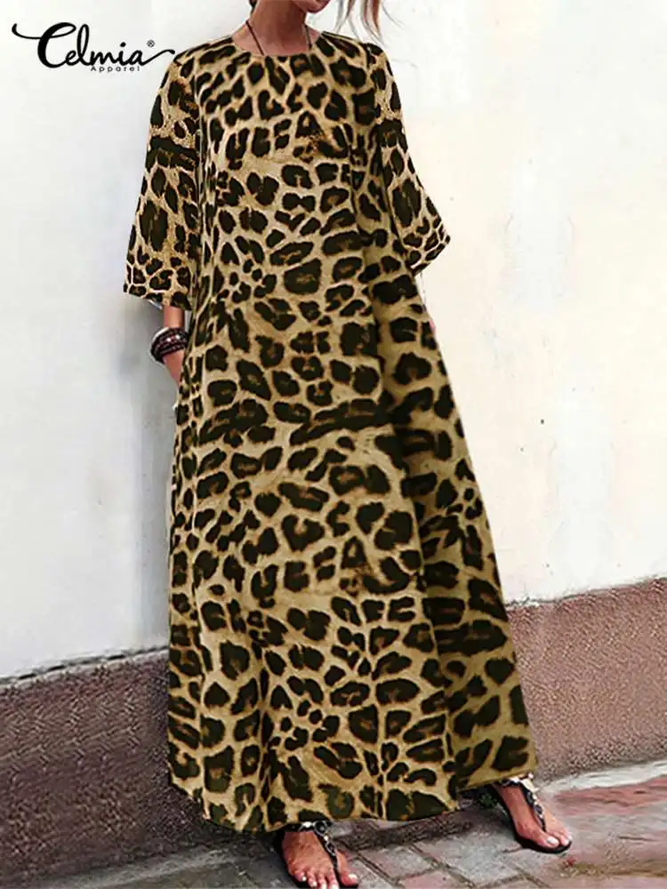 Celmia Casual Loose O Neck Vestido 2023 Fashion 3/4 Sleeve Dress Women Leopard Print Kaftan Maxi Dress Holiday Leisure Long Robe