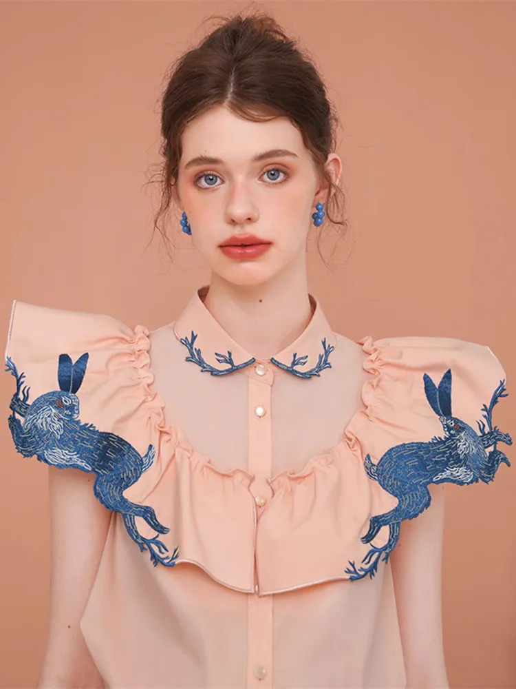 

93-101 см, свободные короткие рубашки на весну и лето, женские рубашки оригинального дизайна с забавным кроликом, рубашки/блузки с вышивкой и кроликами