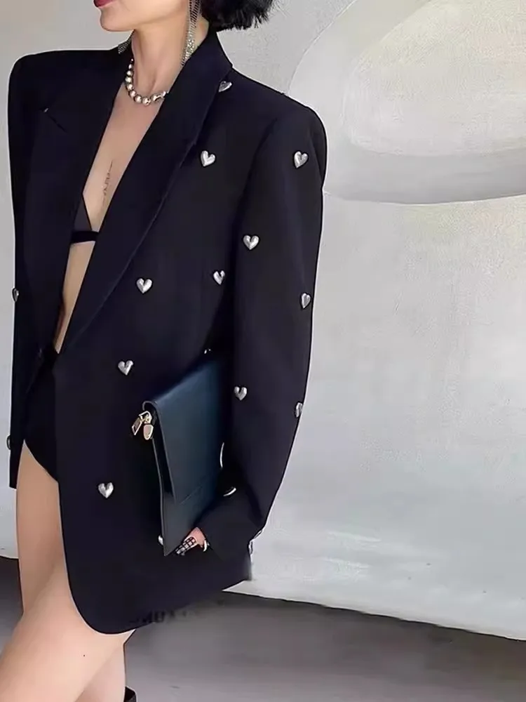 2024 Spring Autumn New Black Heavy Industry Diamond-encrusted Suit Jacket Female High-end Design Sense Minority Street Blazer