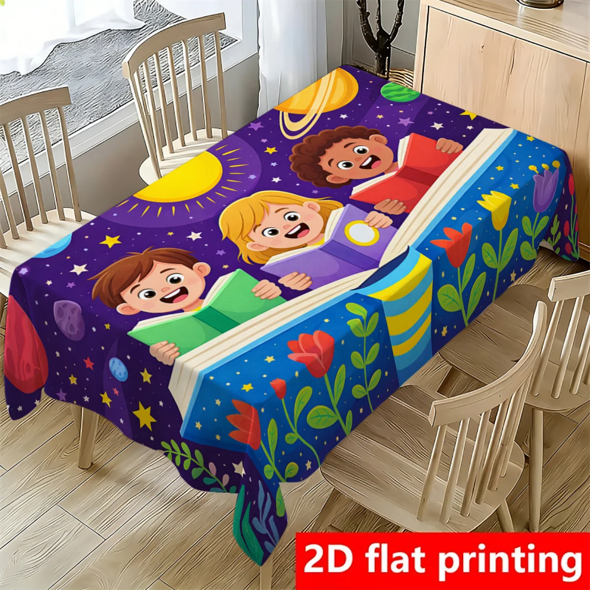 Kids Cartoon Book Theme Waterproof Tablecloth for Playroom Nursery Decor Cute Learning Mat