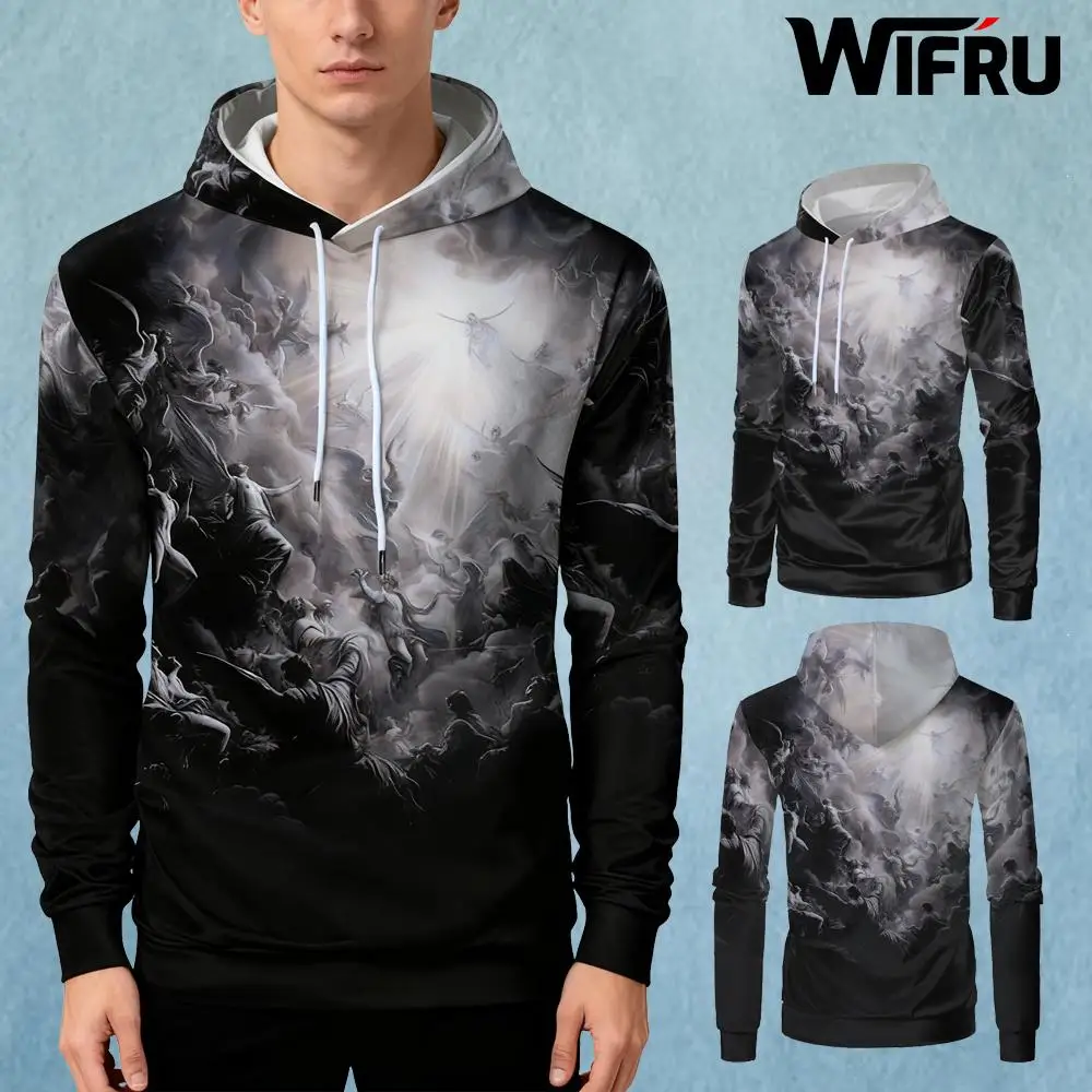 

Autumn And Winter WIFRU Retro Angel And Demon Print Hoodie Street Trend Gothic Pullover Casual Spirit Literary Long-sleeved Top