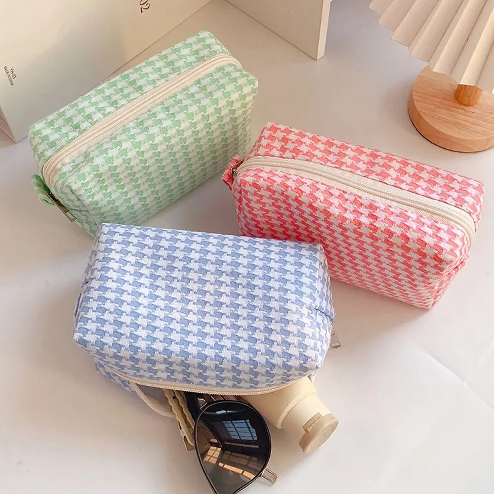 Draagbare Meisjes Handtas Houndstooth Grote Capaciteit Plaid Make-Up Tas Waszak Opbergtas Cosmetische Organizer