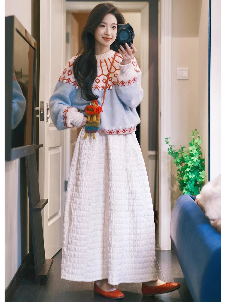 

Комплект Sli Plus Size: модный комплект с цветовыми блоками, свободная юбка, топ, скрывающий недостатки фигуры, весенняя новинка, повседневные брюки с высокой талией