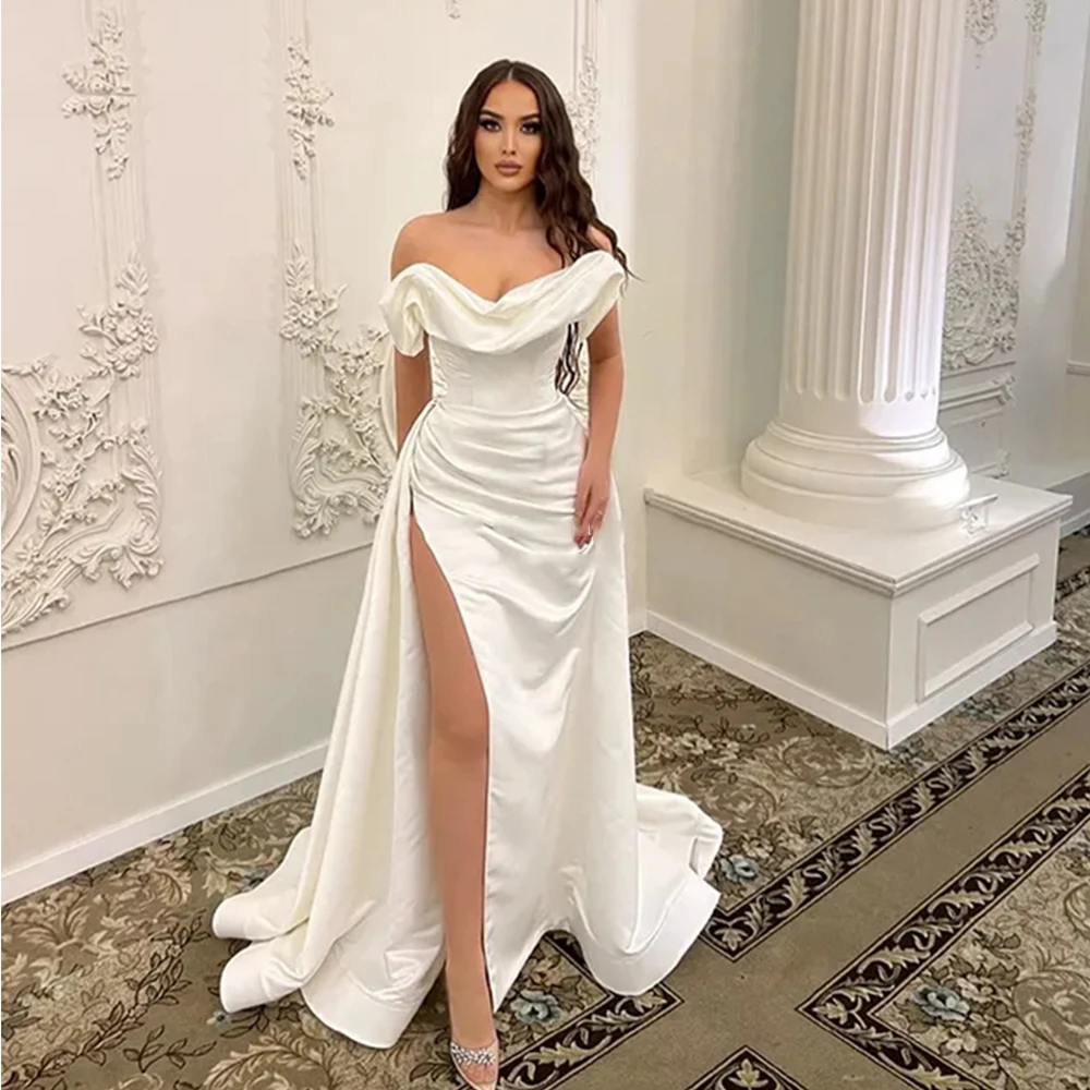 

Simple and Elegant Women's Bridal Dresses Satin Pleated Sexy Off Shoulder Side Split Princess Wedding Gowns Formal Vestidos De