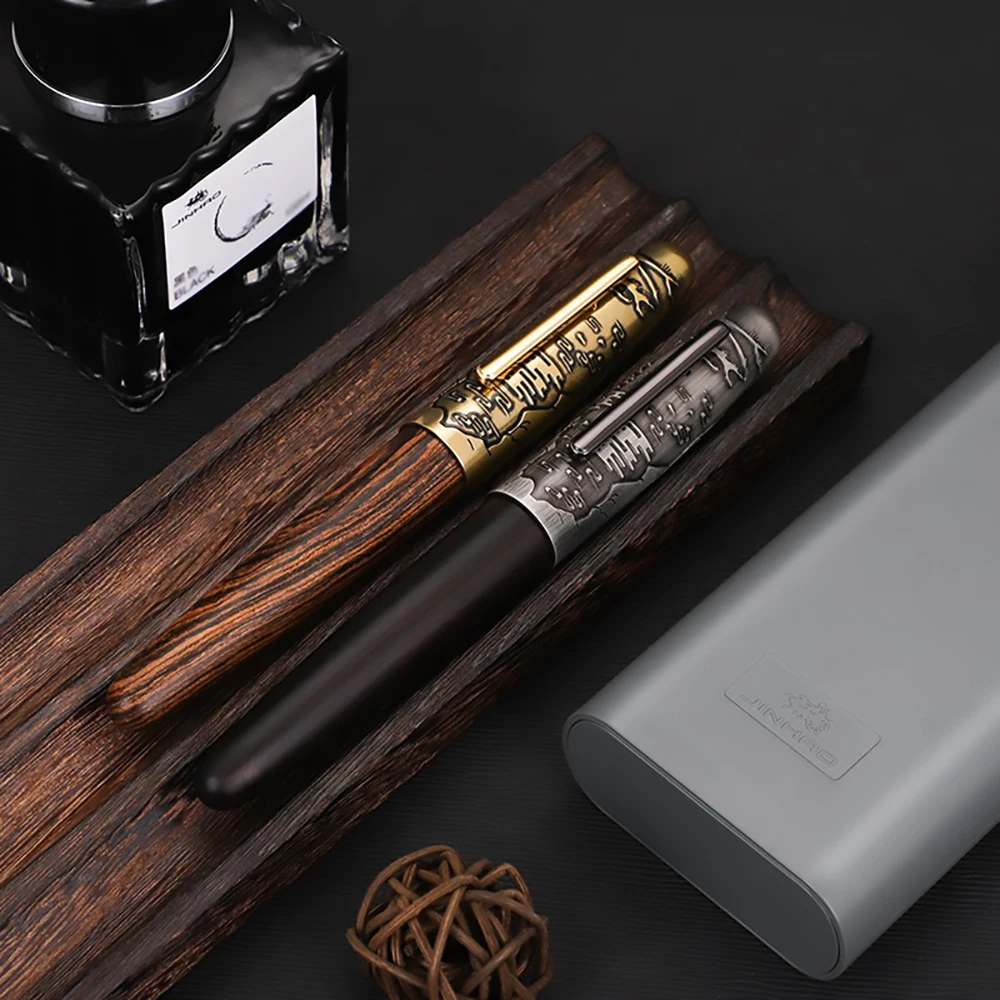 Jinhao 9056 Tiger Embossed Fountain Pen EF/F/M/Bent Nib, Handmade Wooden Writing Office Pen Set