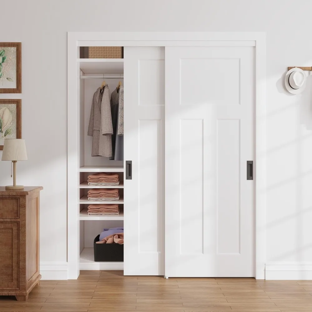 60x80 in Sliding Closet Door, 3-Panel White Primed Bypass Interior Door with Top Track & Floor Guide, Preassembled Doo