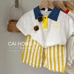 95% Cotton Korean Children's Fashion Casual Polo T-shirt and Striped Loose Pants Summer Two-piece Set for Boys and Girls Outfits