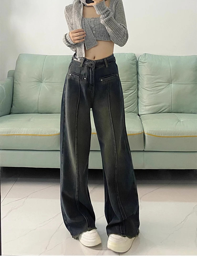Korean Version Fashion Harajuku Vintage Style Loose Oversize Casual Pants Women Autumn New Y2K Pleated Denim Pants