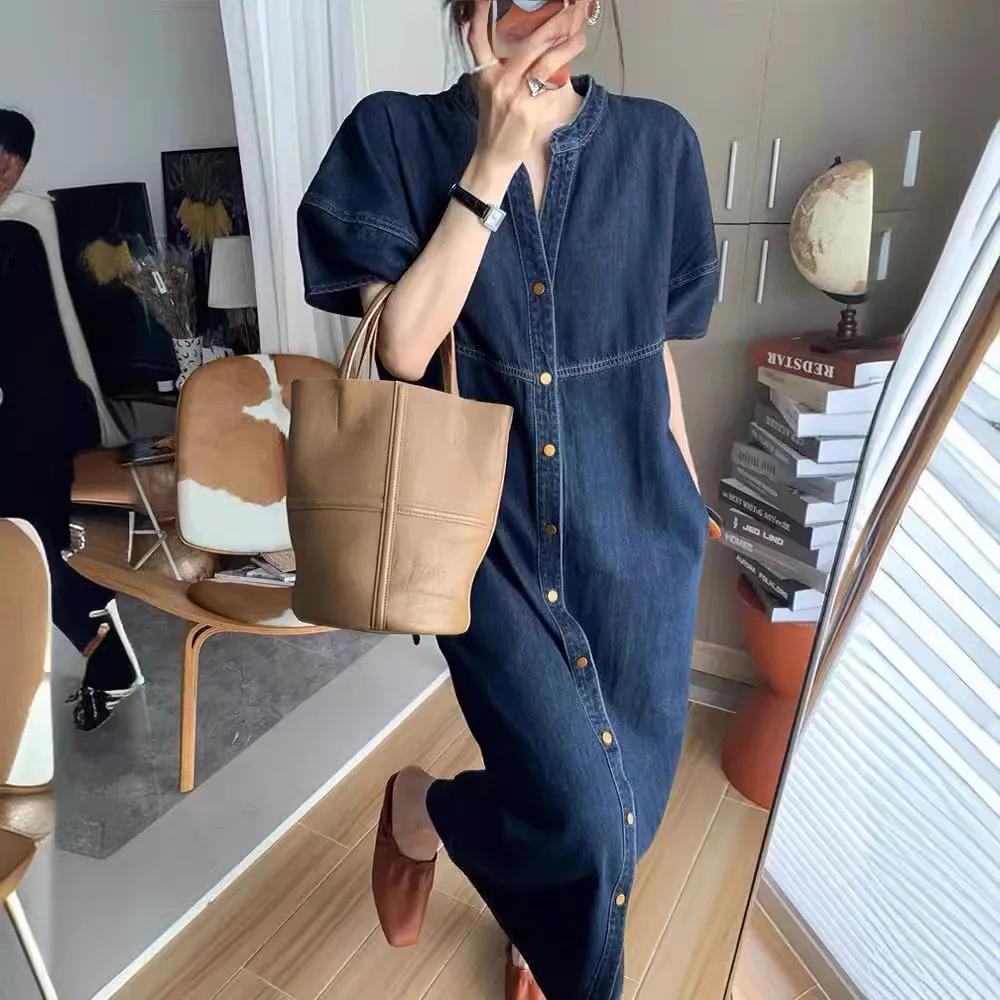 

Новое французское винтажное свободное джинсовое длинное платье, женское весенне-летнее модное платье с короткими рукавами и v-образным вырезом, темпераментное платье в иностранном стиле