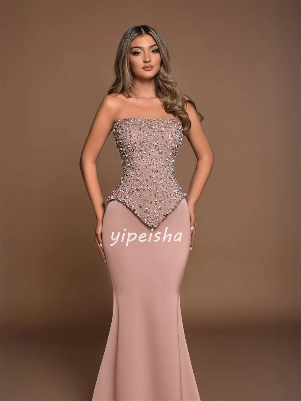 Customized Matching Exquisite Jersey Rhinestone Pleat Straight Prom Gown Sexy Strapless Sleeveless Long Dresses Evening Dresses