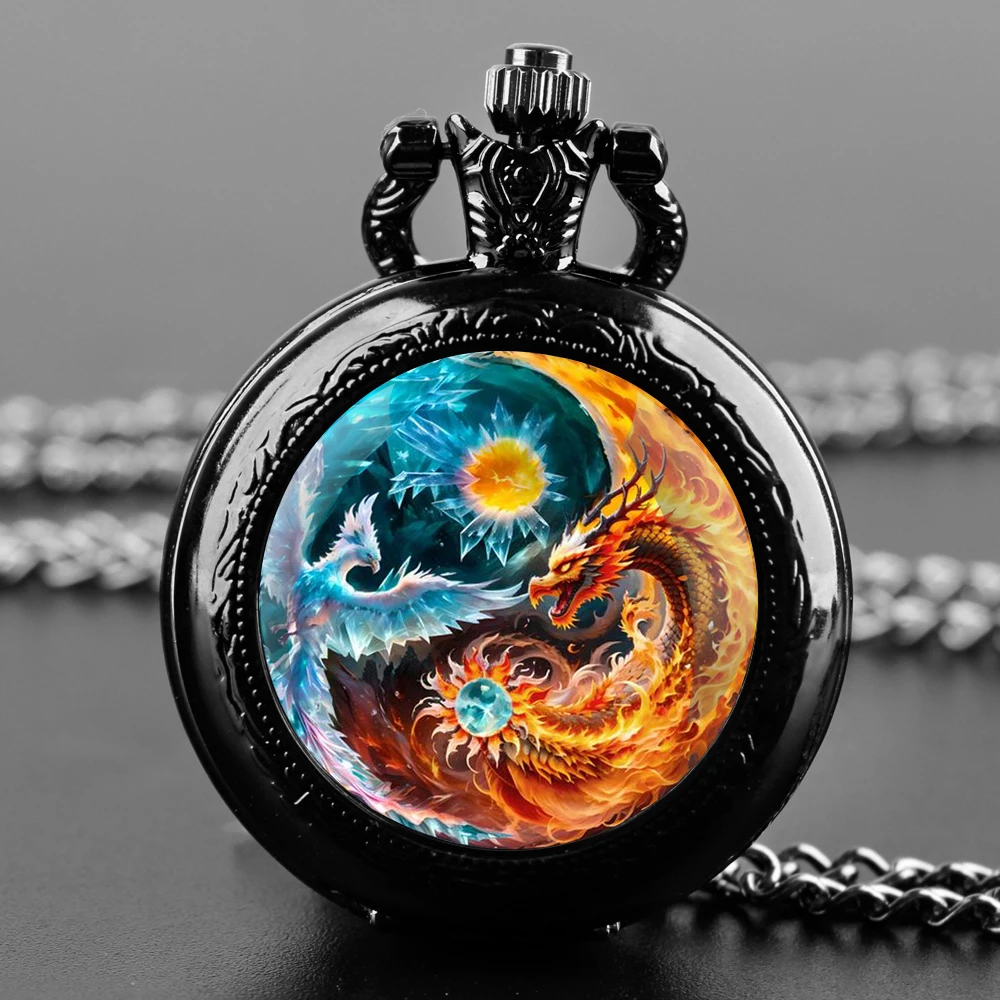 Phoenix Dragon Design Black Quartz Pocket Watch Gift Set with Durable Chain and Arabic Numeral Face Timeless Present for Boy