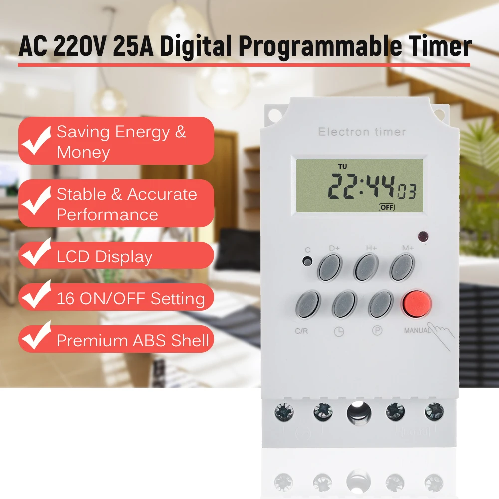 AC 220V 25A Digital Programmable Timer Din Rail Electronic Timer Time Switch Controller with LCD Display Clock Outdoor Tools