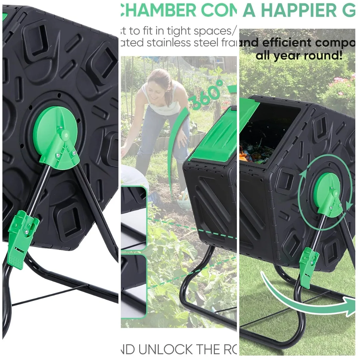 

Стакан для компоста на 18,5 галлонов с вращающейся камерой, уличный композитор без BPA, стальной каркас, двери с двумя дверцами